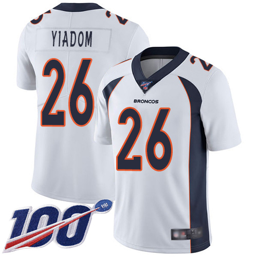 Men Denver Broncos #26 Isaac Yiadom White Vapor Untouchable Limited Player 100th Season Football NFL Jersey